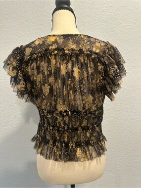 Free People Black and Mustard Sheer Ruffle Peplum Blouse